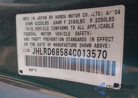 2004 Honda Cr-V Lx z USA, uszkodzony, nr VIN JHLRD68584C013570